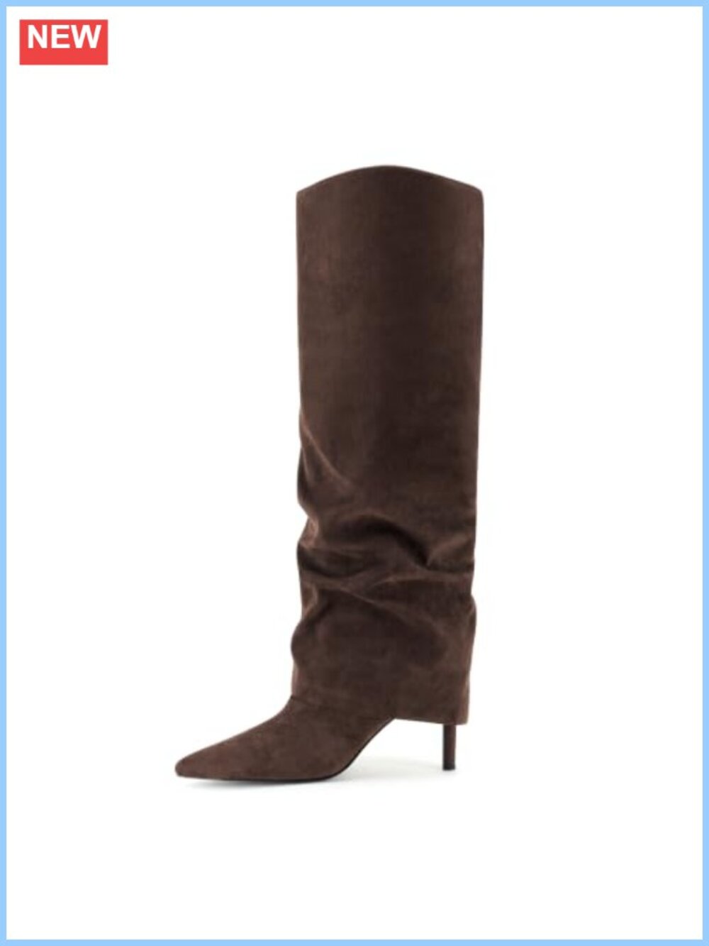 Fold Over Knee High Boots Pointed Toe Slouch Stiletto Heel Faux Leather Zip